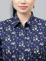 Navy Blue Floral Print Long Sleeve Shirt