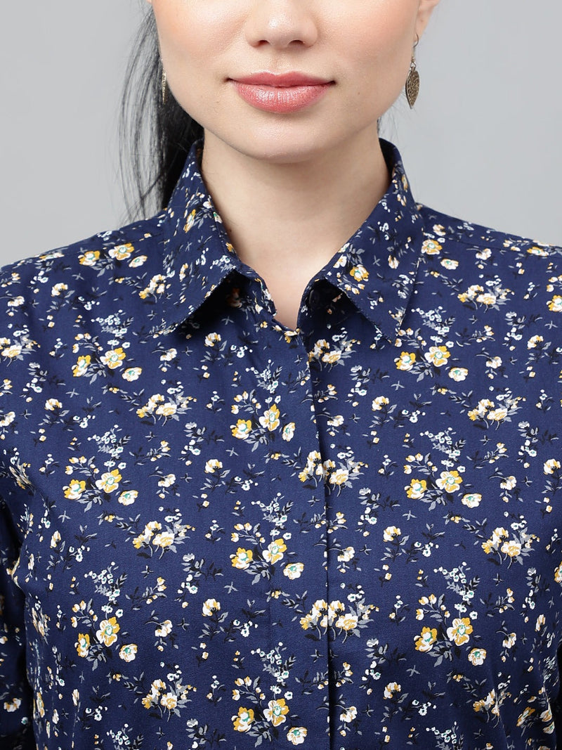 Navy Blue Floral Print Long Sleeve Shirt