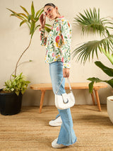 Playful Bird & Floral Print Cotton Shirt