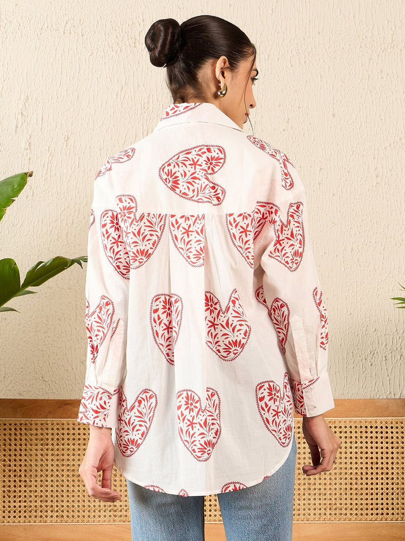 Red Heart Print White Cotton Shirt
