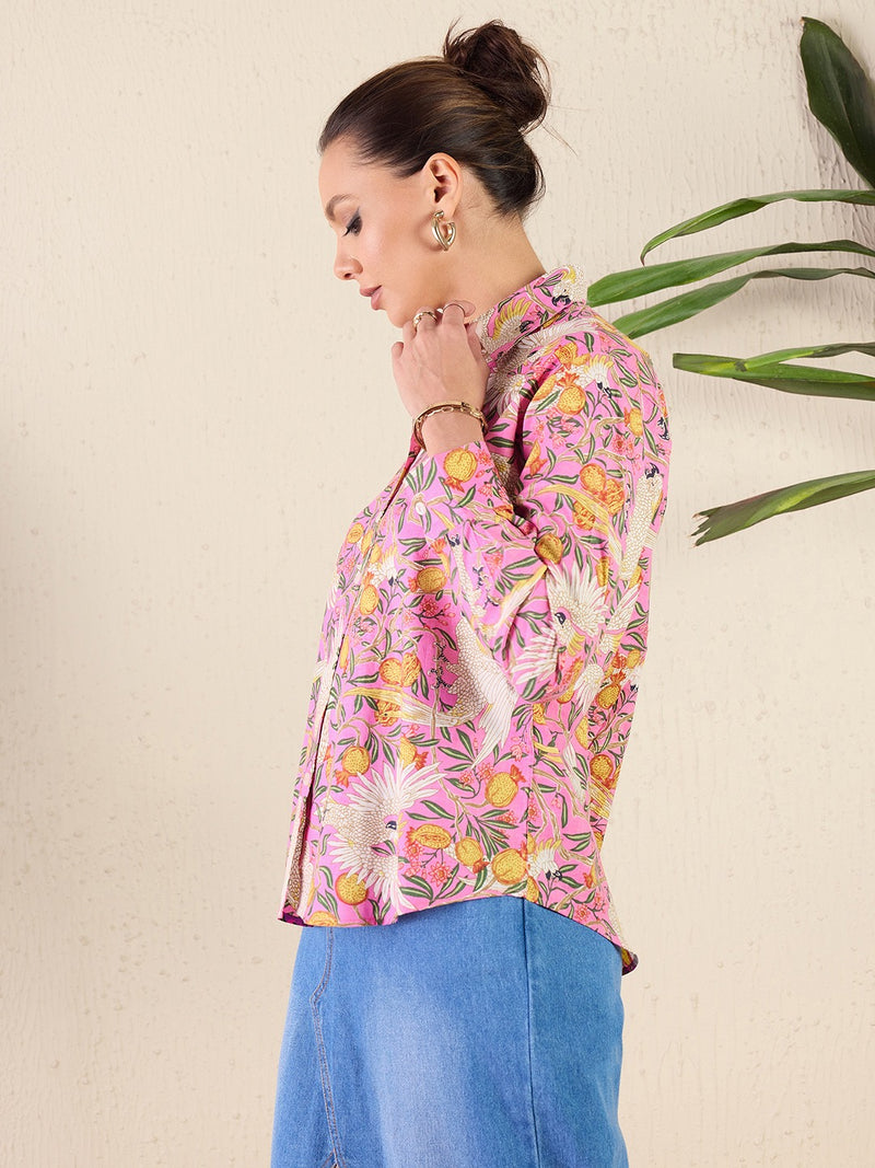 Pink Tropical Bloom Print Shirt
