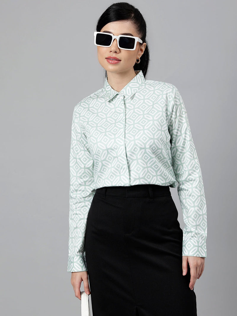 Mint Green Geometric Printed Long Sleeve Shirt
