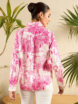 Pink Tropical Toile Print Button-Down Shirt