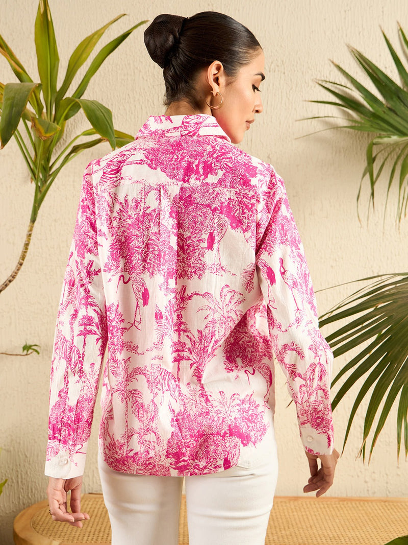 Pink Tropical Toile Print Button-Down Shirt