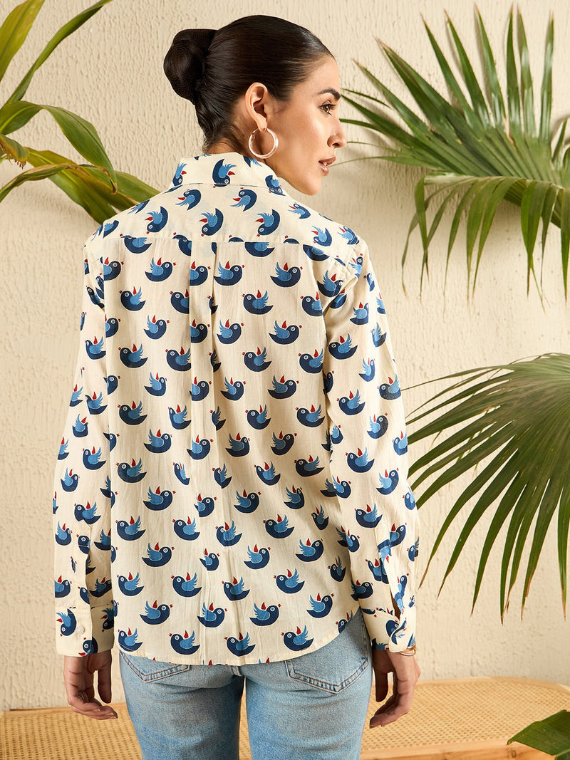 Beige & Blue Bird Print Button-Down Shirt