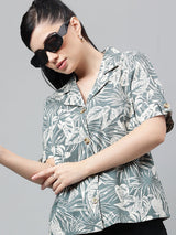 Green Tropical Print Short Sleeve Shirt