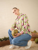 Green & Pink Peacock Print Cotton Shirt