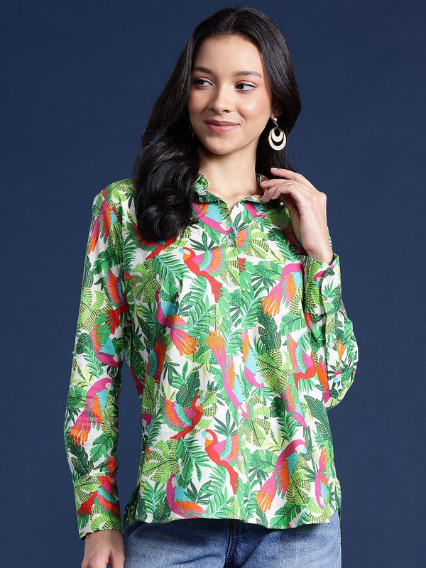 Green Tropical Printed Casual Shirt