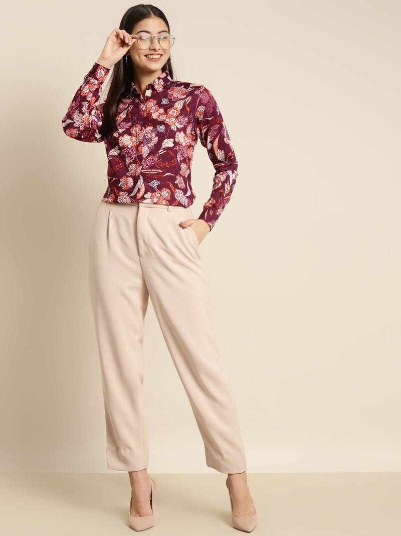 Maroon & Multicolor Floral Printed Long Sleeve Shirt