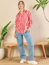 Red Striped Floral Button-Down Shirt