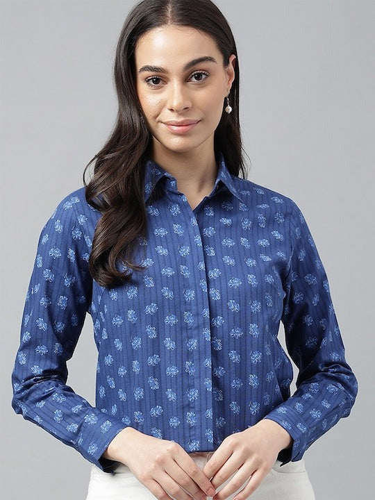 Blue Floral Printed Cotton Shirt