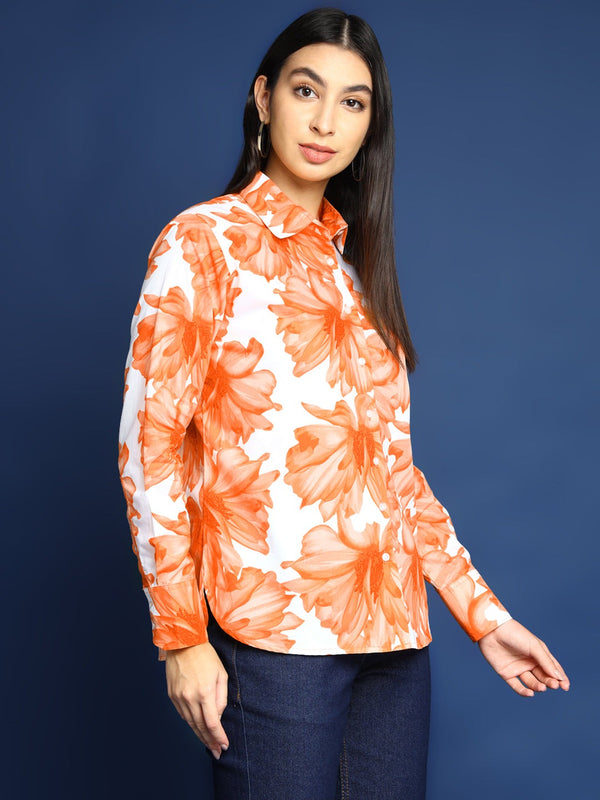 White & Orange Floral Print Shirt