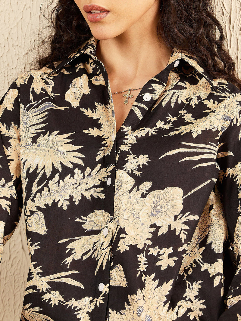 Black & Beige Tropical Print Shirt