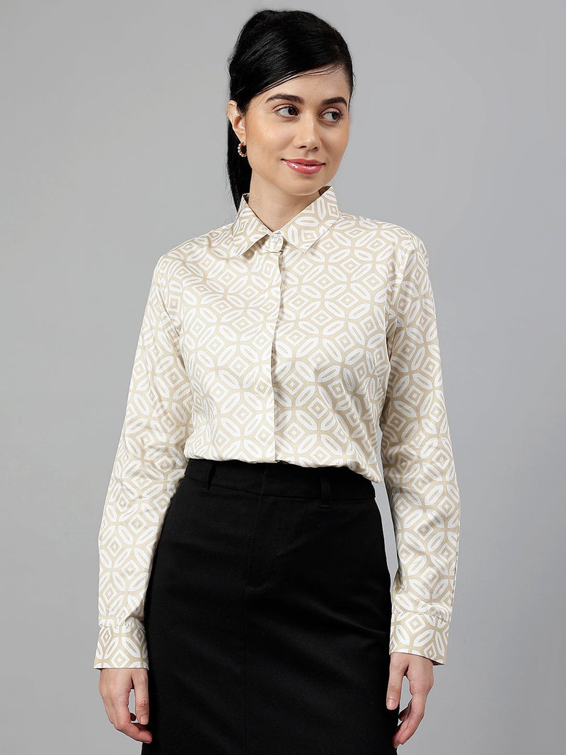 Beige & White Geometric Print Formal Shirt