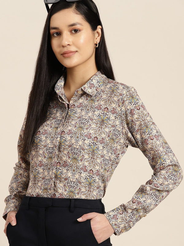 Beige & Multicolor Floral Printed Shirt