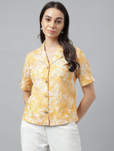 Sunny Yellow Tropical Print Half Sleeve Button-Up Shirt