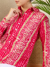 Vibrant Pink & Beige Tie-Dye Inspired Printed Button-Up Shirt