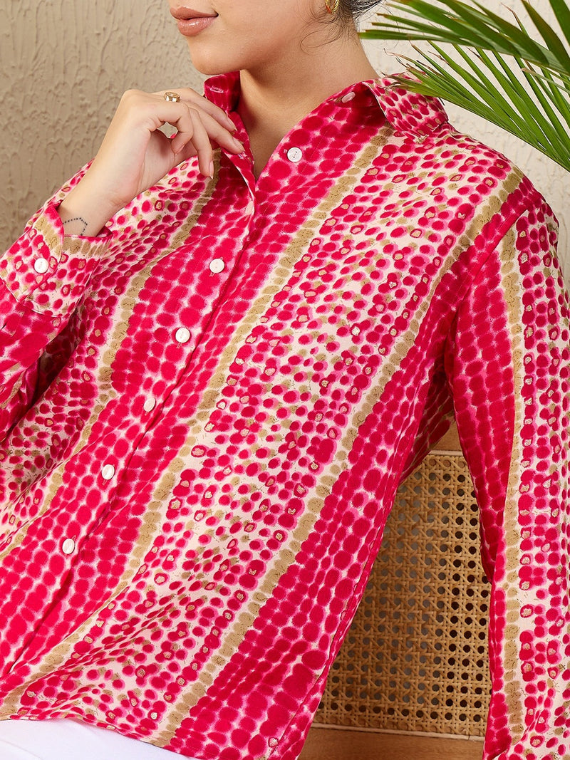 Vibrant Pink & Beige Tie-Dye Inspired Printed Button-Up Shirt