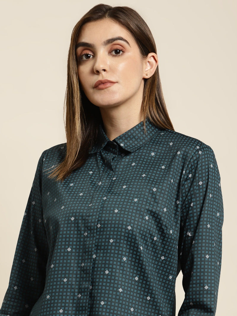 Teal Blue Geometric Print Shirt