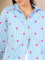 Blue Striped Heart-Print Shirt