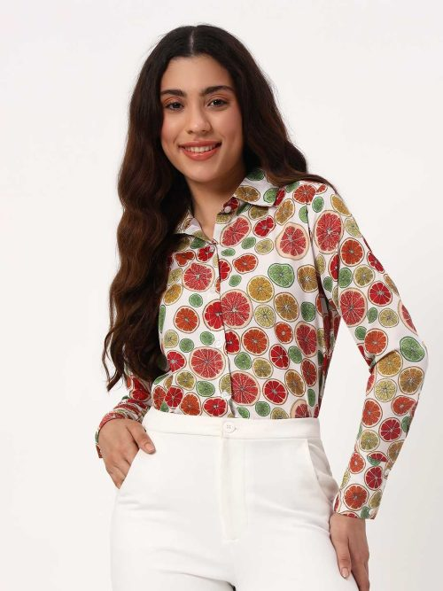 White Citrus Fruit Print Casual Shirt