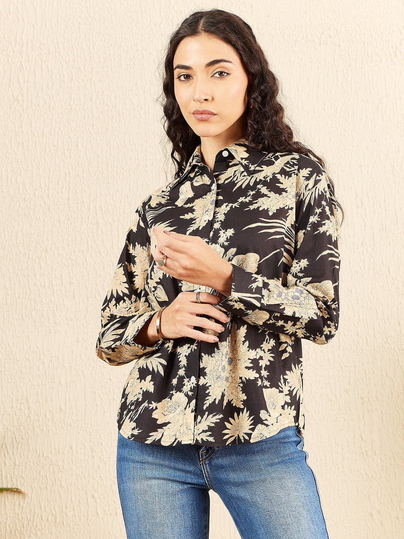 Black & Beige Tropical Print Shirt