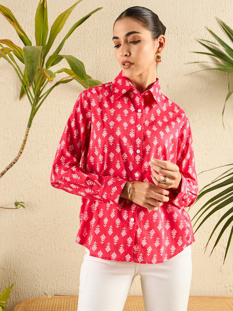 Handblock Print Red Cotton Shirt
