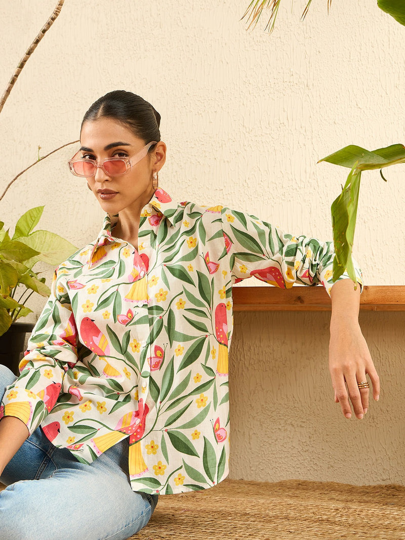 Playful Bird & Floral Print Cotton Shirt