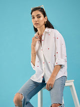 White Heart-Print Button-Down Shirt