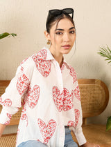 Red Heart Print White Cotton Shirt
