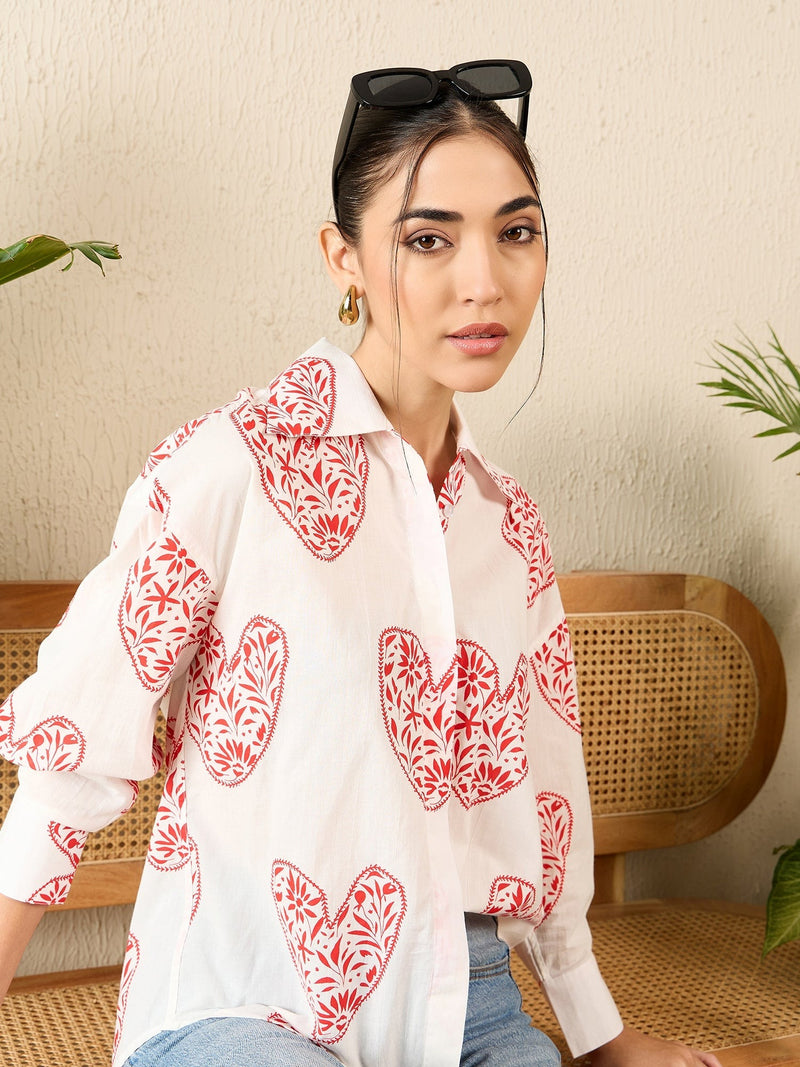 Red Heart Print White Cotton Shirt