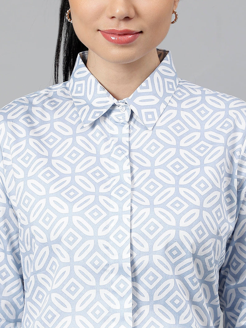 Light Blue & White Geometric Print Formal Shirt