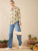 Green & Pink Peacock Print Cotton Shirt