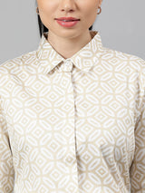 Beige & White Geometric Print Formal Shirt