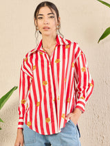 Red Striped Floral Button-Down Shirt