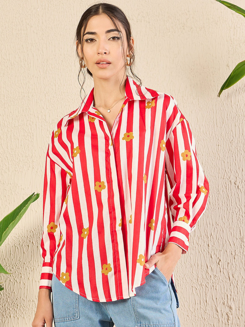 Red Striped Floral Button-Down Shirt