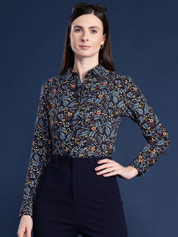 Navy Blue Floral Printed Shirt