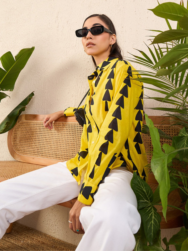 Bold Yellow & Black Geometric Print Button-Up Shirt