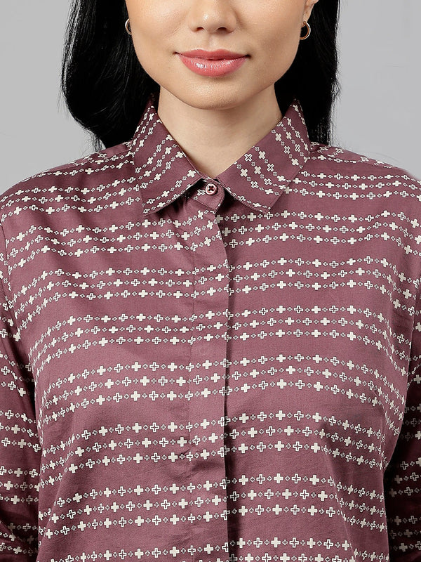 Mauve & White Geometric Striped Formal Shirt
