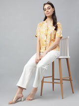 Sunny Yellow Tropical Print Half Sleeve Button-Up Shirt