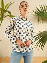 Beige & Blue Bird Print Button-Down Shirt