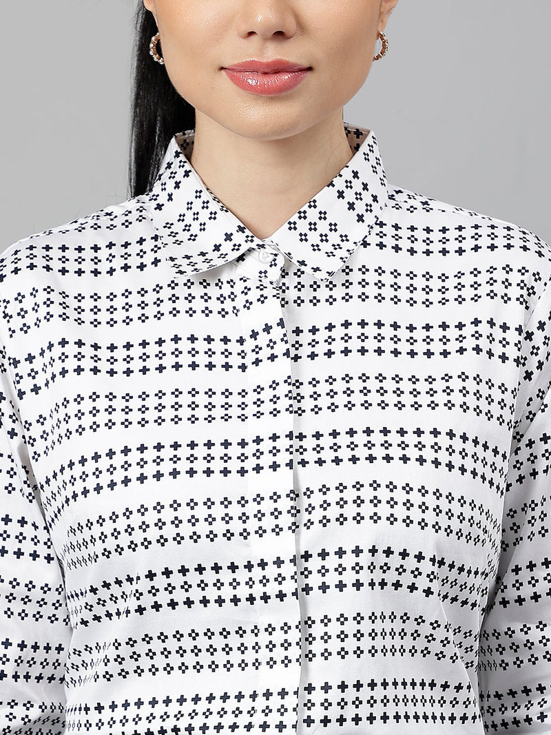 White & Black Geometric Striped Formal Shirt