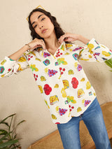Colorful Fruit & Veggie Print Button-Up Shirt