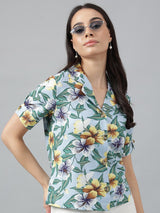 Sky Blue Floral Printed Short Sleeve Shirt