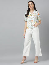 Fresh Mint Green Tropical Floral Print Half Sleeve Shirt