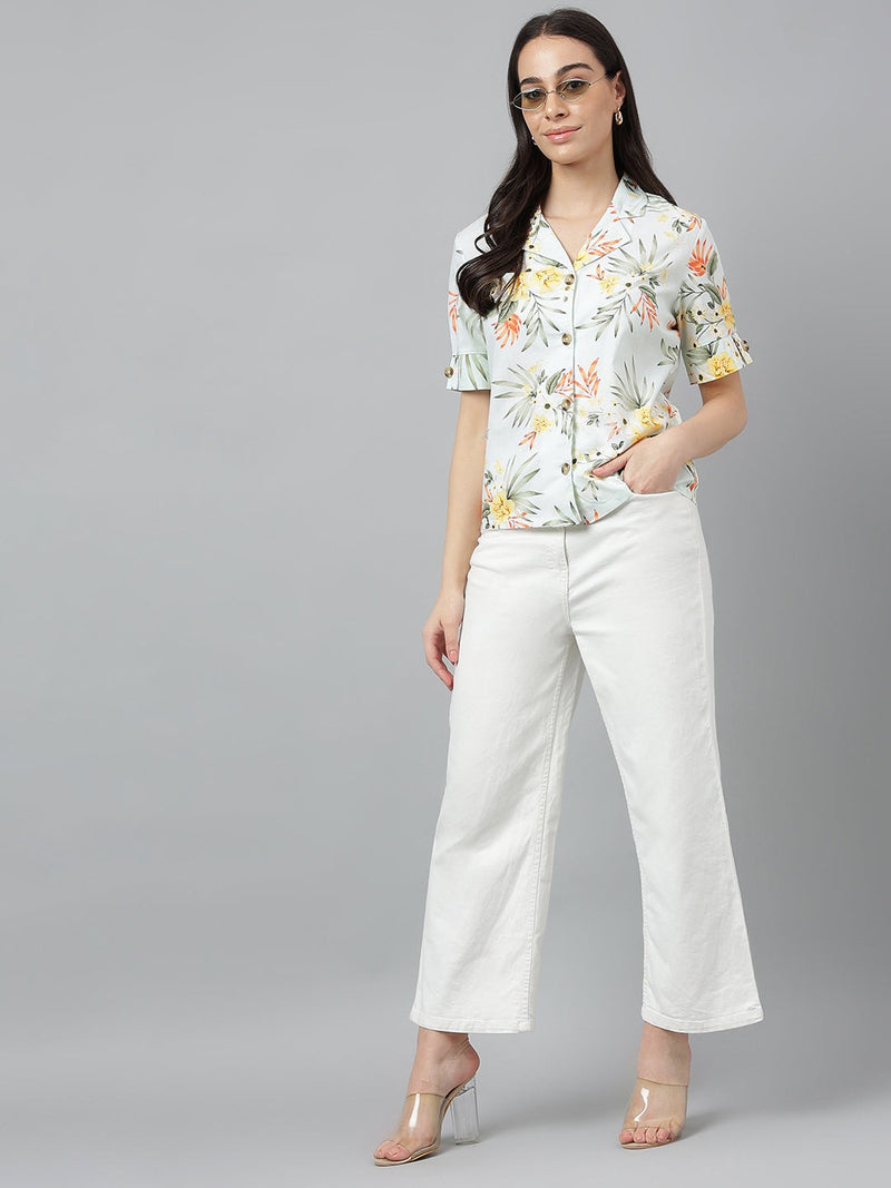 Fresh Mint Green Tropical Floral Print Half Sleeve Shirt