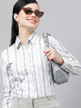 White & Grey Vertical Striped Long Sleeve Shirt