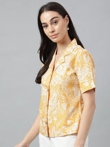 Sunny Yellow Tropical Print Half Sleeve Button-Up Shirt