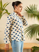 Beige & Blue Bird Print Button-Down Shirt