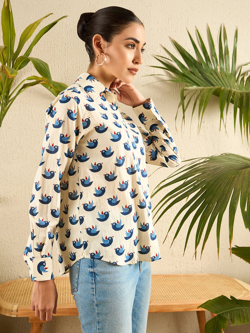 Beige & Blue Bird Print Button-Down Shirt